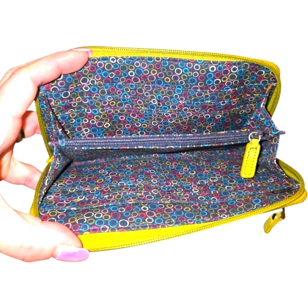 Vintage Soft Leather Wallet Yellow Boho Pattern - Picture 2 of 7